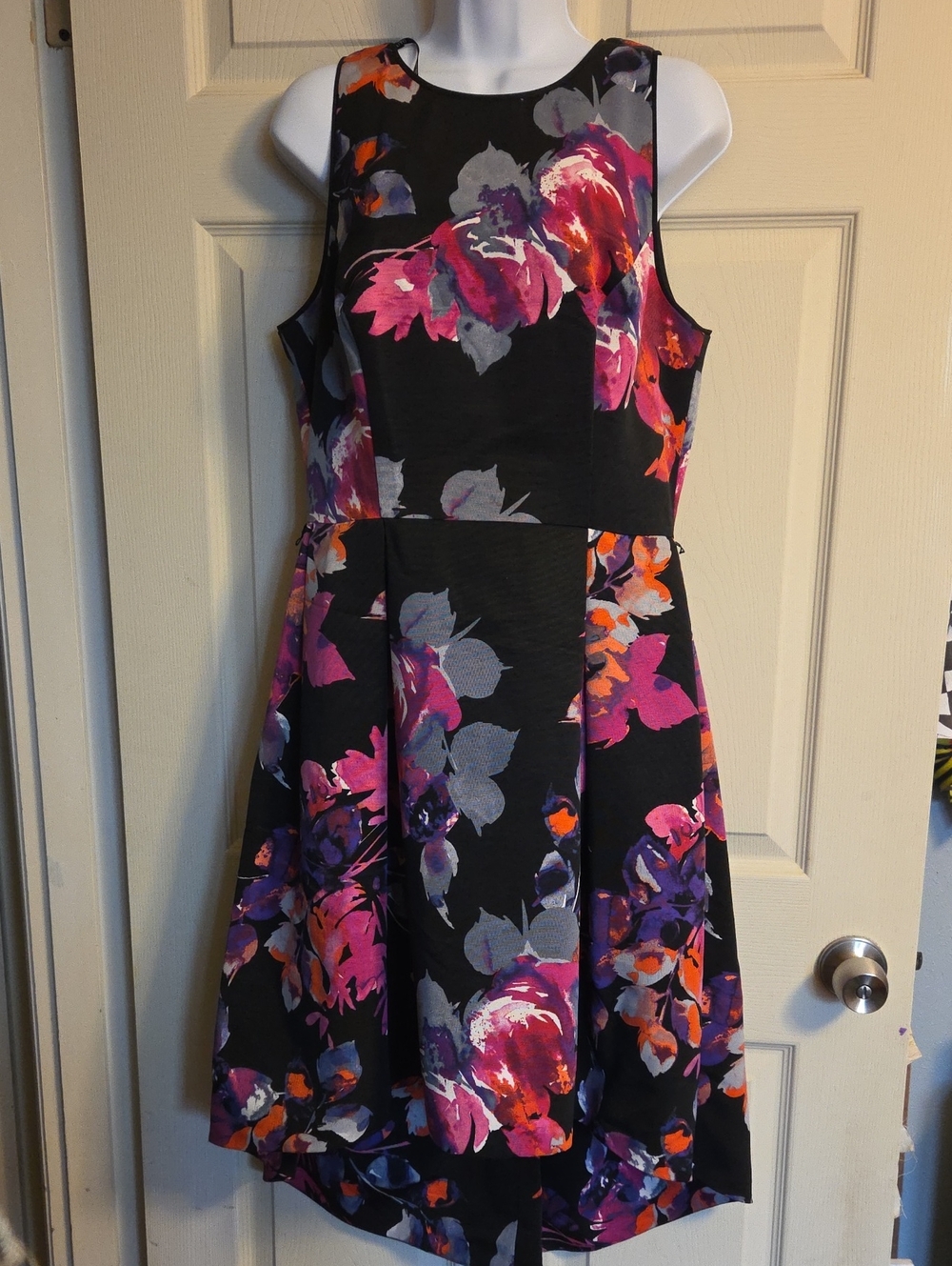 Vince Camuto Black Floral Print Pleated High-low Midi Dress Size 10